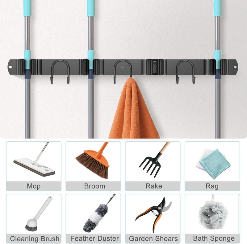 GUUKAR Broom Holder Wall Mount, 2 Packs Black Stainless Steel Tool Storage Organizer for Kitchen Garden Garage Laundry Room Bathroom and RV with 4 Slots 6 Hooks - Image 5